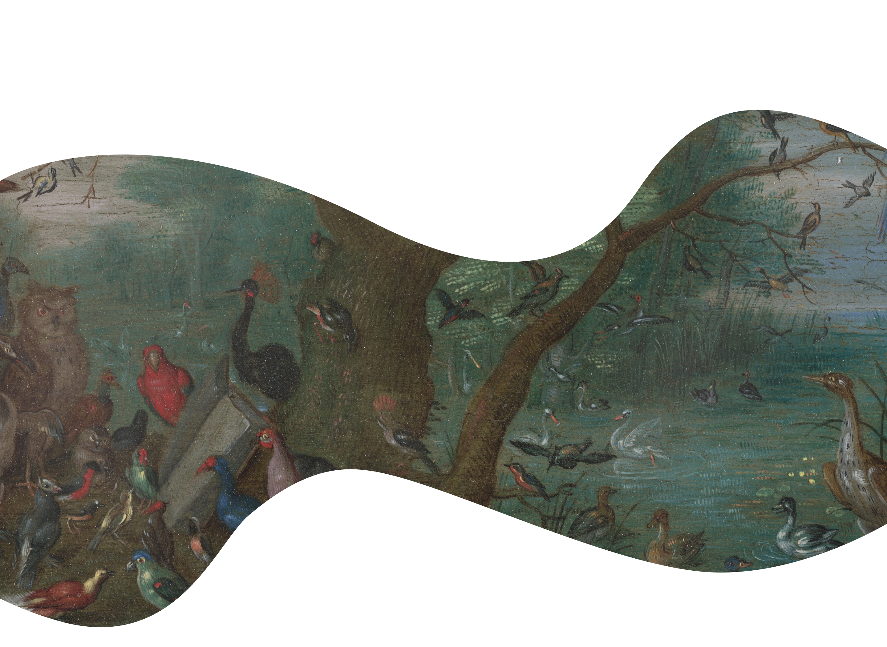 Beautiful painting of nature with a lots of birds and a pond